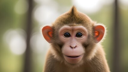 Curious young monkey gazing directly
