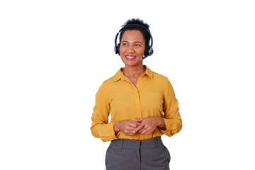 Customer support agent wearing headset, friendly woman providing service with a smile, transparent background