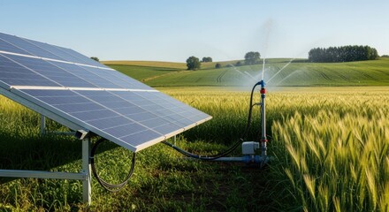 Medium angle of solar panels powering irrigation systems in a green wheat farm illustrating renewable energy integration in ecoconscious farming.