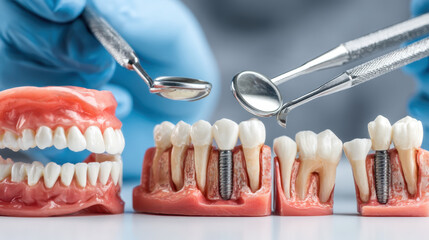 Dental models and tools are displayed, showcasing dental implants and dentures. dental assistant gloved hands hold instruments, highlighting dental care and oral health