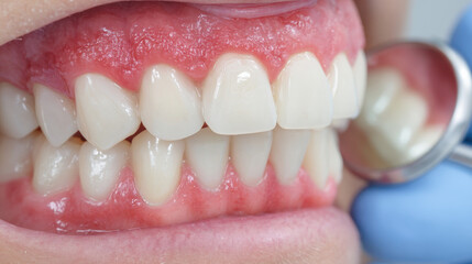 Close up of dental examination showing healthy teeth and gums with dental mirror. image highlights oral hygiene and dental care in clinical setting