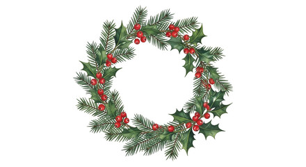 Christmas wreath with green pine needles and red holly berries on black background red berries evergreen