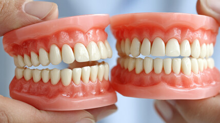 Fototapeta premium Two sets of dental prosthetics are held hands, showcasing realistic artificial teeth and gums. close up highlights detailed design and craftsmanship of dentures, emphasizing dental care