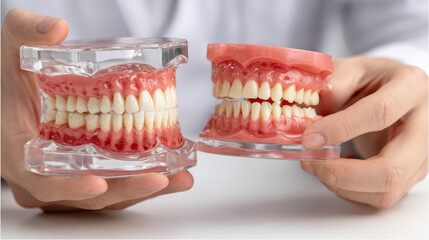 Dental models showcasing realistic teeth and gums are held by person, illustrating dental care and oral health. models are used for educational purposes in dentistry