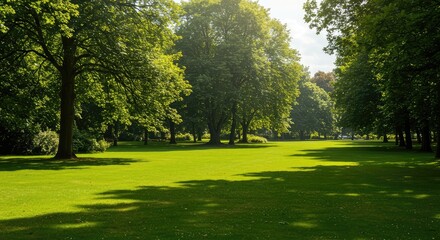 A peaceful, wide view of a lush green public park, featuring towering trees, manicured lawns, and a sunny, inviting atmosphere. Ideal for text overlay ,relaxation ,sunny ,summer