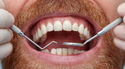Close up of dentist hands using dental tools to examine patient teeth, focusing on oral health and hygiene. patient has beard, and tools include mirror and probe