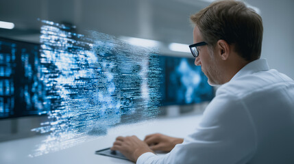An IT specialist at a modern technology hub, immersed in code with a tablet in hand, ensuring everything runs smoothly with unwavering focus, while the digital information stream around him.