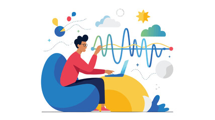 Obraz premium Man sitting on blue chair using laptop with abstract waveform and colorful elements around him