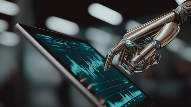 A robotic hand interacts with a digital tablet displaying complex financial data, representing the future of technology and its role in finance.  - Powered by Adobe