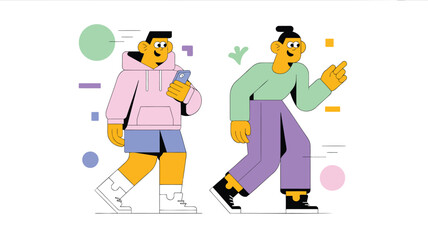 Fototapeta premium Illustration of two young men walking and using mobile phone together, colorful shapes on white background