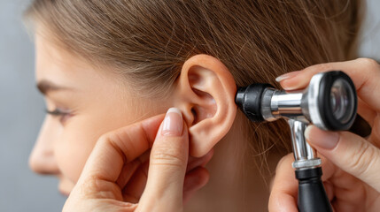 Doctor uses otoscope to examine patient ear, focusing on ear canal. close up image highlights medical procedure and careful attention to detail