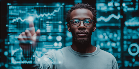 A concentrated individual in spectacles navigates advanced technology and data visualizations, hinting at futuristic possibilities and the power of data analysis. 