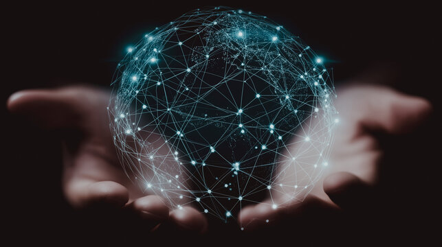 A network of interconnected dots forms a mesmerizing globe, cradled delicately within two hands, evoking the essence of the digital world. - Powered by Adobe