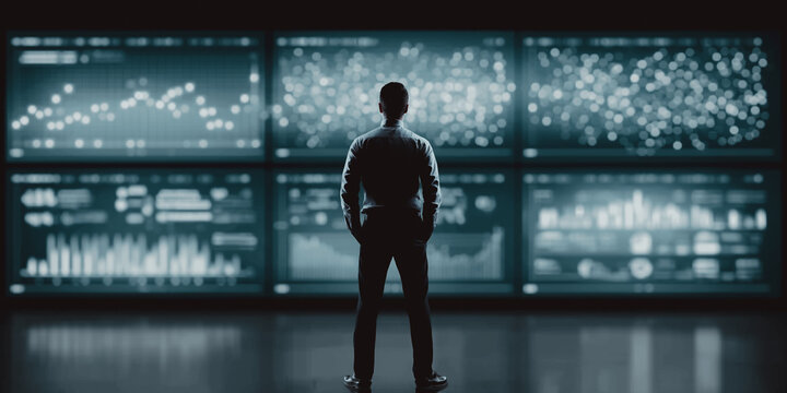 A silhouetted figure of a person stands before an array of digital screens displaying complex data visualizations, it looks like a scene of modern technology, data analysis, and decision-making.