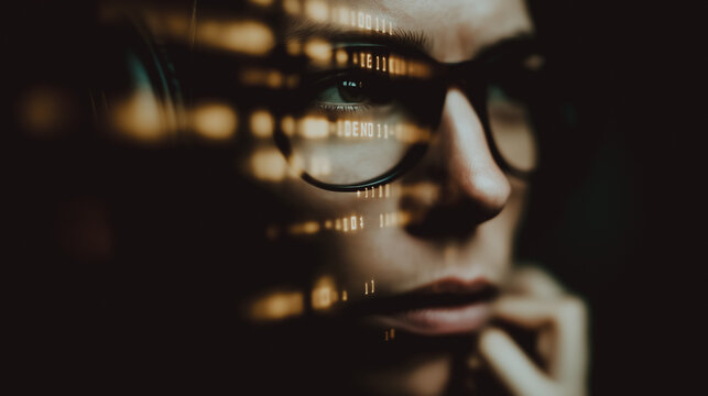 A thoughtful woman looks intently, her glasses reflecting the intricate digital world, suggesting intellect and the mysteries of data. - Powered by Adobe