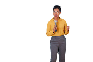 Woman speaker giving a public speech holding a microphone, communicating ideas and concepts,...