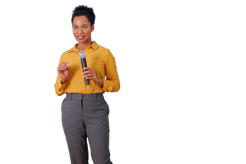Black woman speaker addressing audience with microphone, communicating and influencing leadership, transparent background