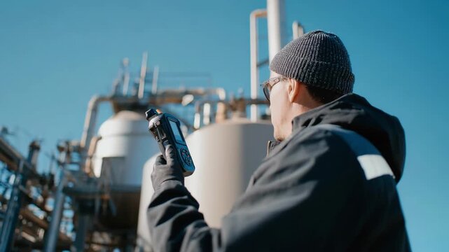 Medium shot of an energy auditor scanning industrial equipment with a handheld thermal camera to pinpoint thermal inefficiencies during daylight.