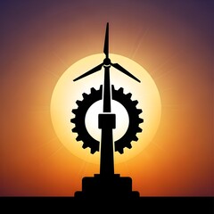 Wind turbine with gear silhouette at sunset