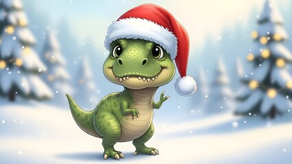 Dinosaur wearing santa hat in snowy forest