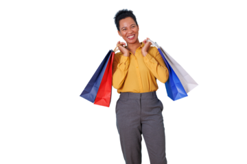 Happy woman holding colorful shopping bags and smiling after making purchases, consumer feeling positive, transparent background