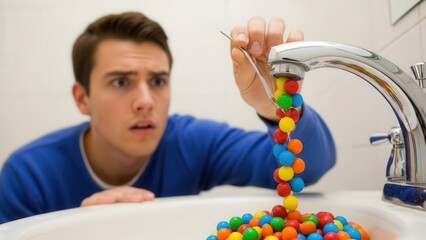Man holding candy under running tap.