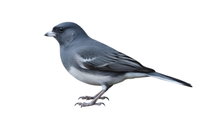 Dark eyed gray bird with white underbelly and black wing accents standing on one leg isolated on transparent white background