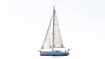 A sleek sailboat with fully deployed sails glides peacefully across calm water, set against a bright, high-key white background that emphasizes serenity.