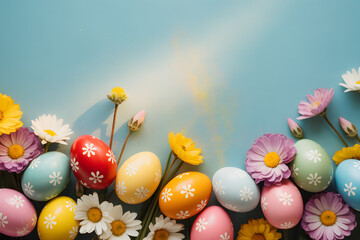 Happy easter sunday celebration with colorful eggs and flowers