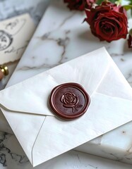 Romantischer Brief mit einer roten Rose im Siegel und farblich abgestimmten Rosen.