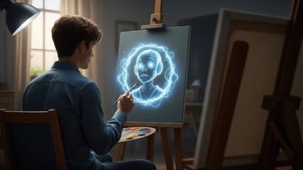 Artist Creating Digital Artwork on Canvas.