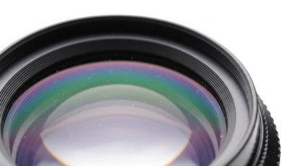 Close up of camera lens with rainbow light flare and black background photography optics