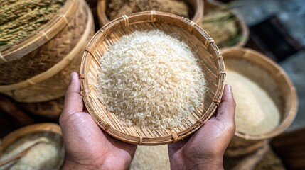 Hand holding rice from mill, food, grain, agriculture, harvest concept showing natural raw rice in palm, nutrition, staple food supply, farming production, sustainability global food security theme