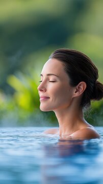 Serene woman with closed eyes enjoying a tranquil moment in a luxurious pool surrounded by lush greenery, embodying relaxation and peace in a natural setting