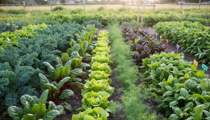 Closeup medium shot of vibrant leafy greens growing in organized rows showcasing the benefits of alternating crops in a triplerotation system for pest control.