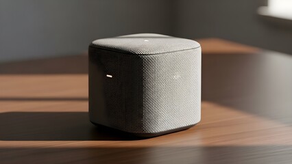 Modern wireless speaker on wooden surface natural light technology concept