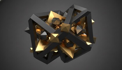Abstract Black and Gold Geometric Structure with metallic crystalline shapes in a dark studio setting