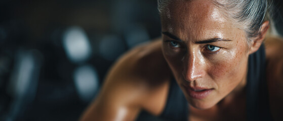 A fit and determined middle-aged woman with a focused expression during an intense workout in a gym setting with visible sweat on her face and arm