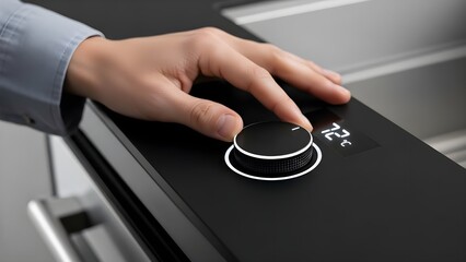 Person adjusting a control knob with a digital display showing temperature