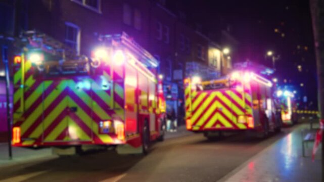 Siren lights flashing on fire trucks in residential area of city during nighttime emergency response. Warning beacons glowing on firefighting vehicles positioned along urban street amid urgent
