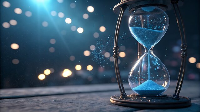Futuristic hourglass with glowing blue sand in a cinematic bokeh background representing time management and eternity. - Powered by Adobe