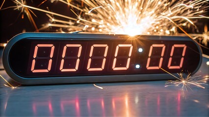Digital countdown timer celebration sparks on a modern scoreboard display for a New Year event or product launch deadline.