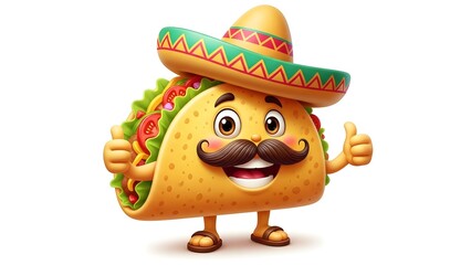 Cheerful taco mascot wearing sombrero