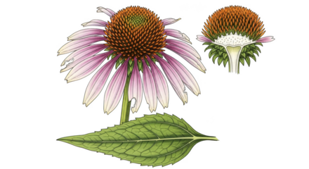Echinacea flower and leaf illustration with cross section purple coneflower botanical illustration
