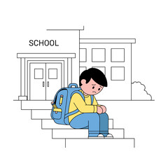 Sad boy sitting on school steps with backpack after lessons  