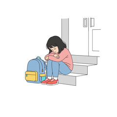 Young girl sitting on steps looking sad with backpack beside her  