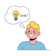 Young boy thinking with light bulb and E=MC&sup2; idea bubble  