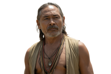 Man with weathered face and layered necklaces