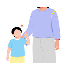 Child holding adult's hand while smiling in colorful clothing  