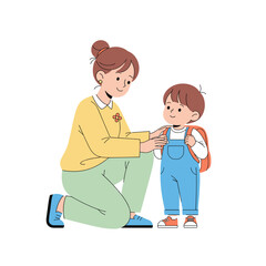 Young mother helping her son with backpack while smiling indoors  